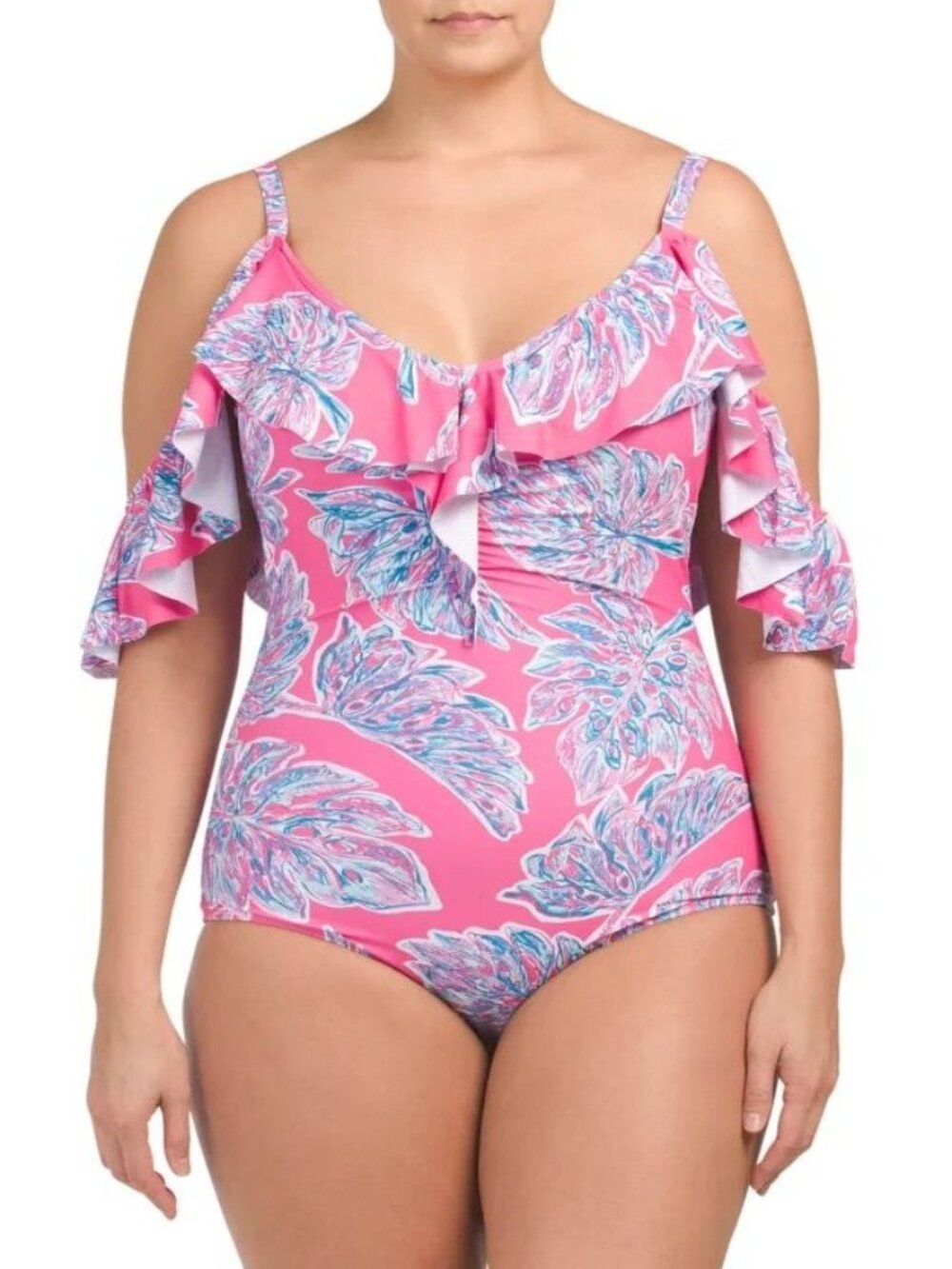 Marilyn Monroe women's plus 3X pinky‎ palms one piece ruffle off should swimsuit